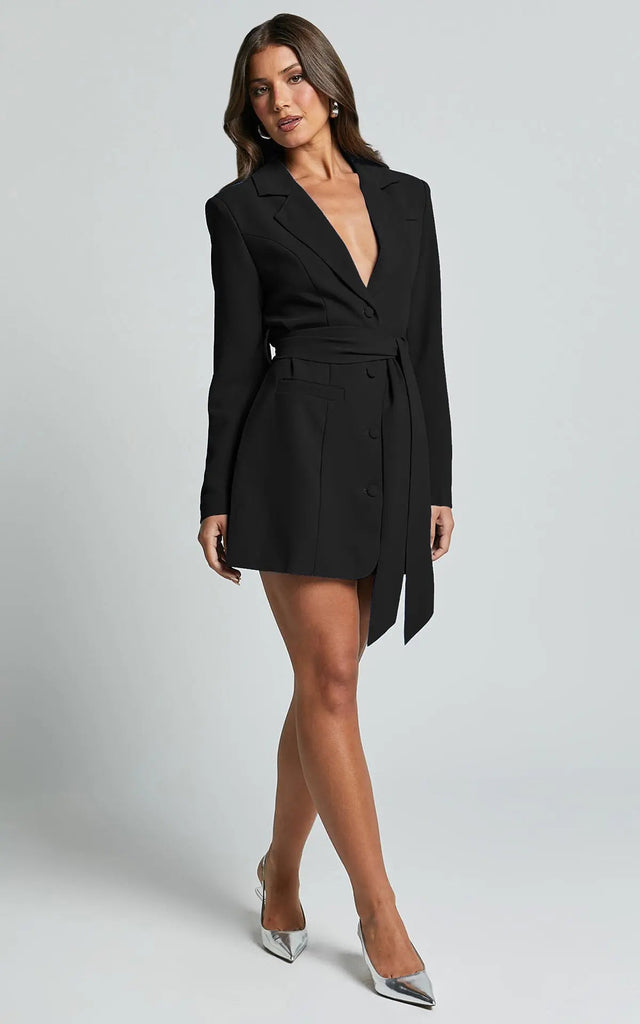 Women’s Tailored Blazer Mini Dress - Belted Lapel Wrap Design