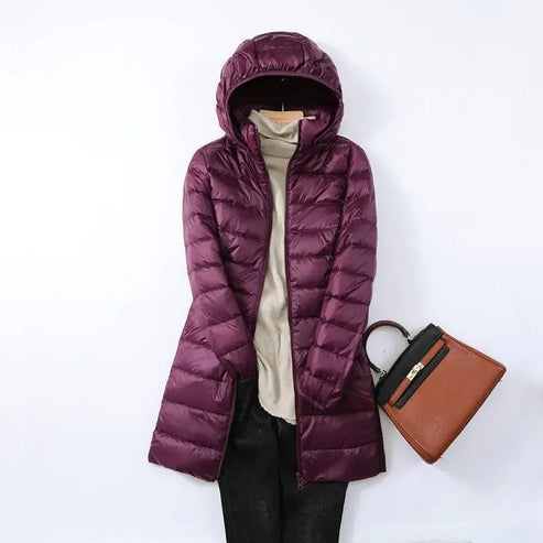 Women’s Lightweight Puffer Coat - Longline Quilted Jacket with Detachable Hood