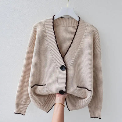 Women’s Oversized Knit Cardigan - Button Front Pocket Detail