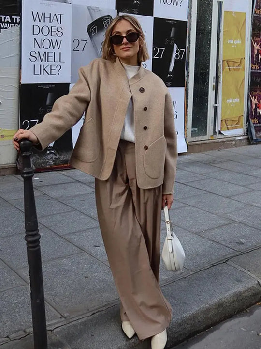 Women’s Stand Collar Button-Up Coat - Front Pocket Short Jacket
