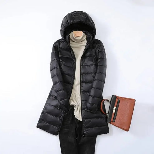 Women’s Lightweight Puffer Coat - Longline Quilted Jacket with Detachable Hood