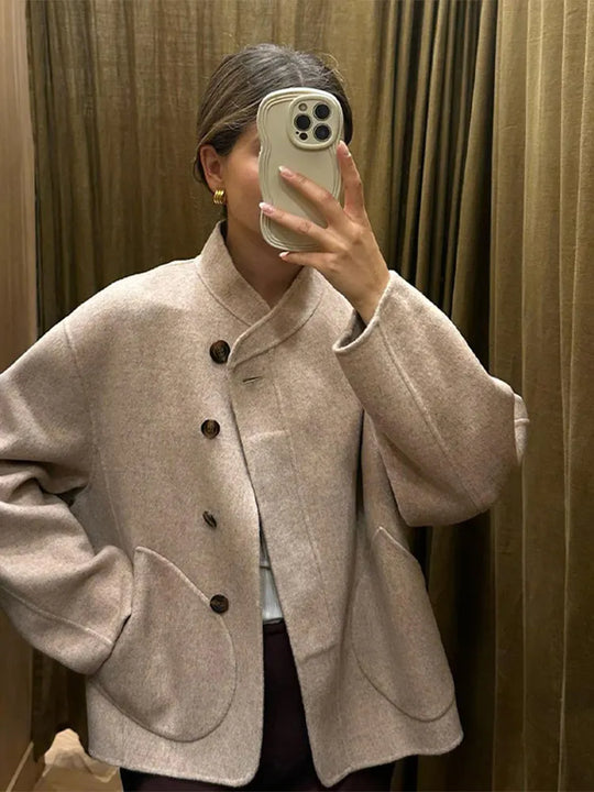 Women’s Stand Collar Button-Up Coat - Front Pocket Short Jacket