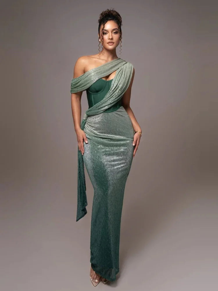 Women’s One-Shoulder Metallic Gown - Draped Corset Evening Dress