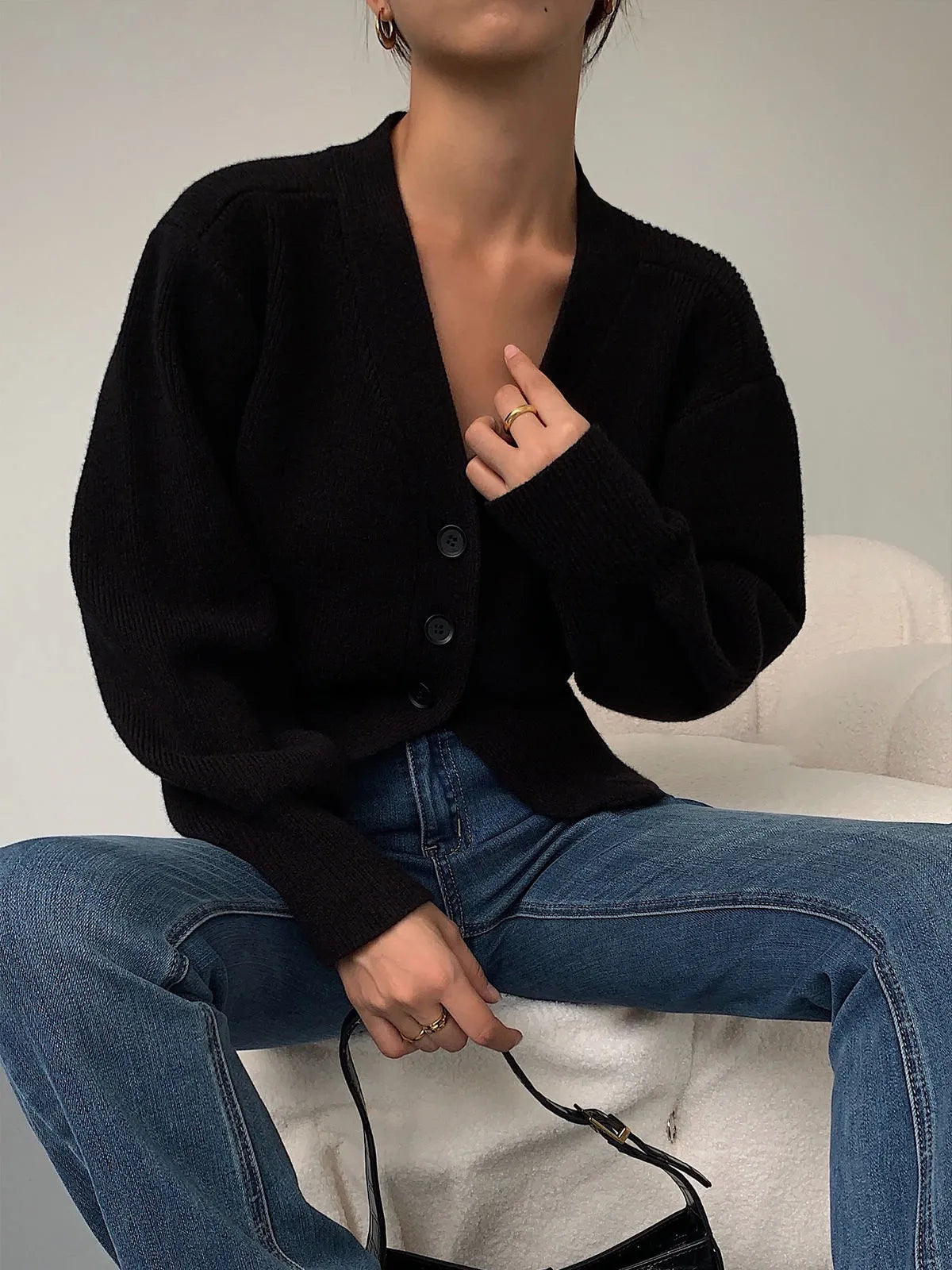 Women's V-Neck Button Cardigan - Relaxed Fit Long Sleeves