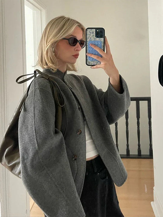 Women’s Stand Collar Button-Up Coat - Front Pocket Short Jacket