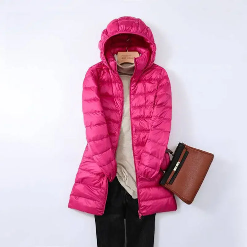 Women’s Lightweight Puffer Coat - Longline Quilted Jacket with Detachable Hood