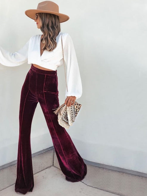 Women’s High-Waist Flared Pants - Wide-Leg Trousers Seam Detail