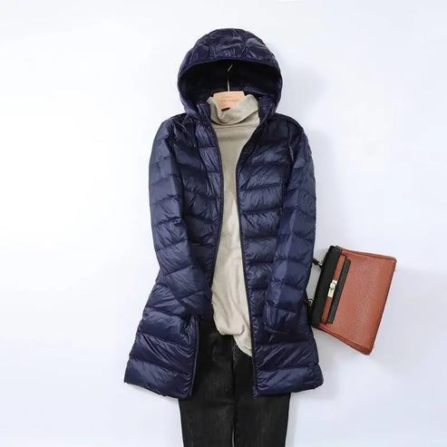 Women’s Lightweight Puffer Coat - Longline Quilted Jacket with Detachable Hood