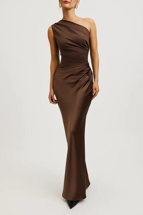 Women’s One-Shoulder Satin Maxi Dress - Elegant Evening Gown