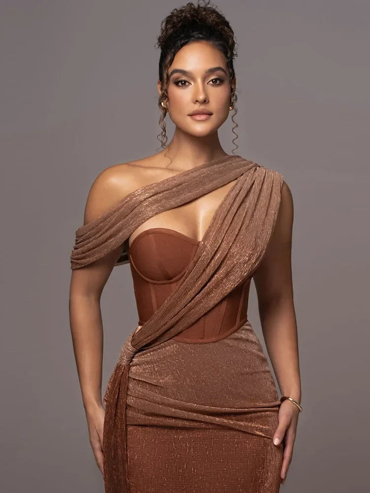 Women’s One-Shoulder Metallic Gown - Draped Corset Evening Dress