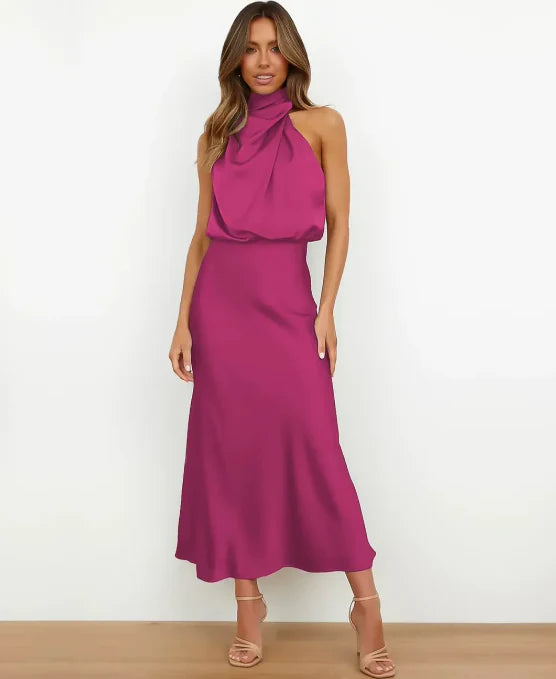 Women’s High Neck Midi Dress - Sleeveless Draped Halter Cocktail Gown