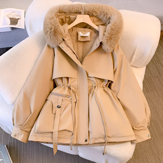 Women’s Elegant Hooded Winter Jacket - Drawstring Waist Faux Fur Trim