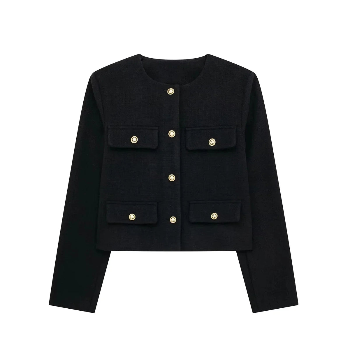 Women’s Cropped Wool Jacket - Gold Button Pocket Detail Blazer