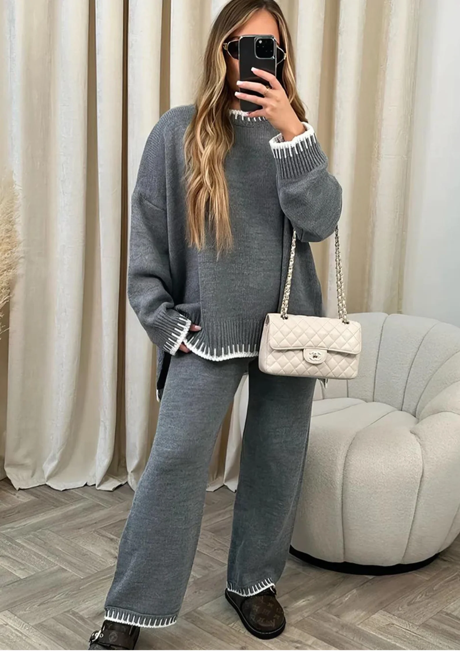 Women’s Knitted Lounge Set - Contrast Hem Two Piece
