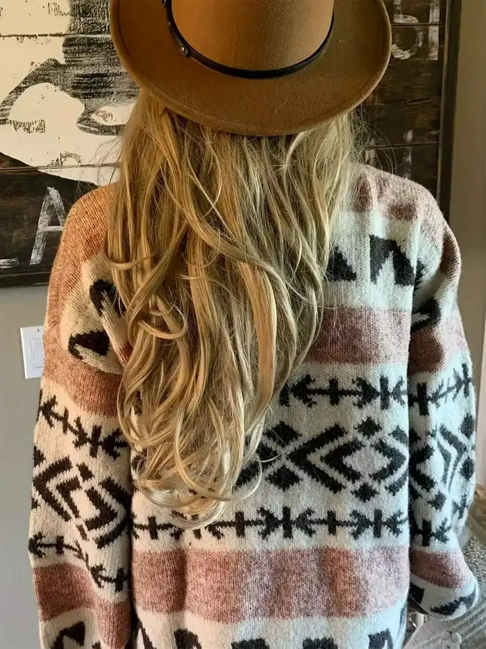 Women’s Boho Geometric Knit Cardigan - Open-Front Sweater