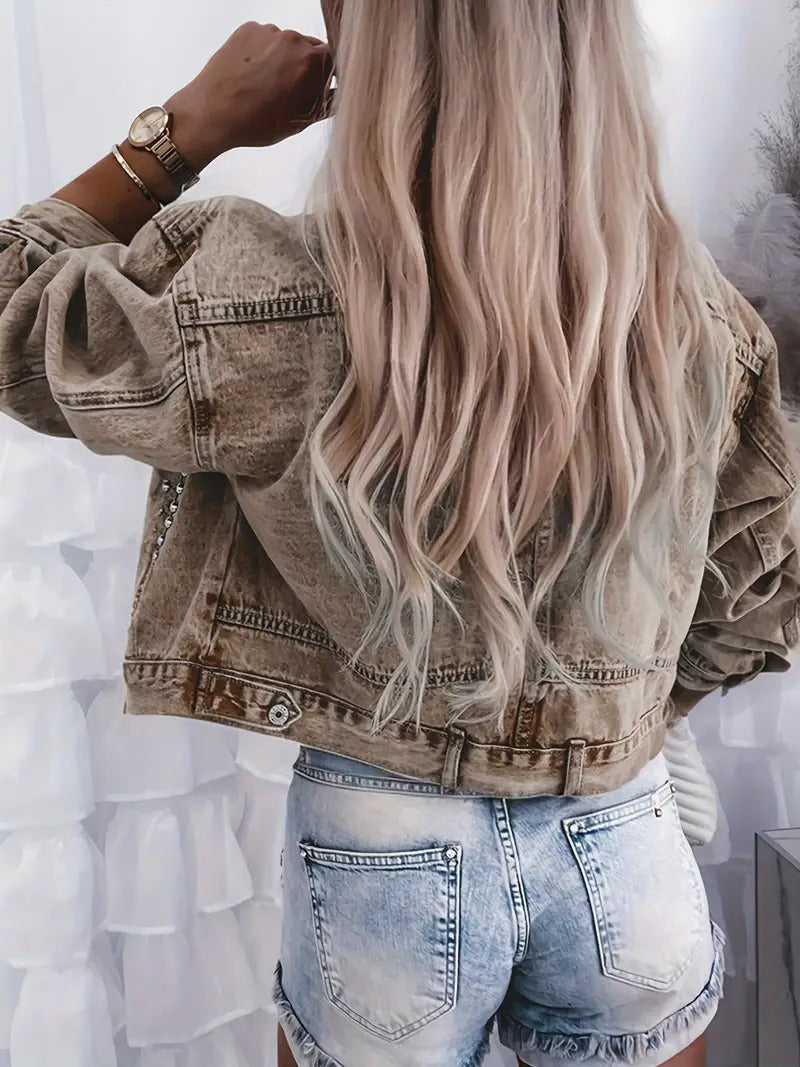 Women’s Studded Denim Jacket - Edgy Rhinestone Embellished