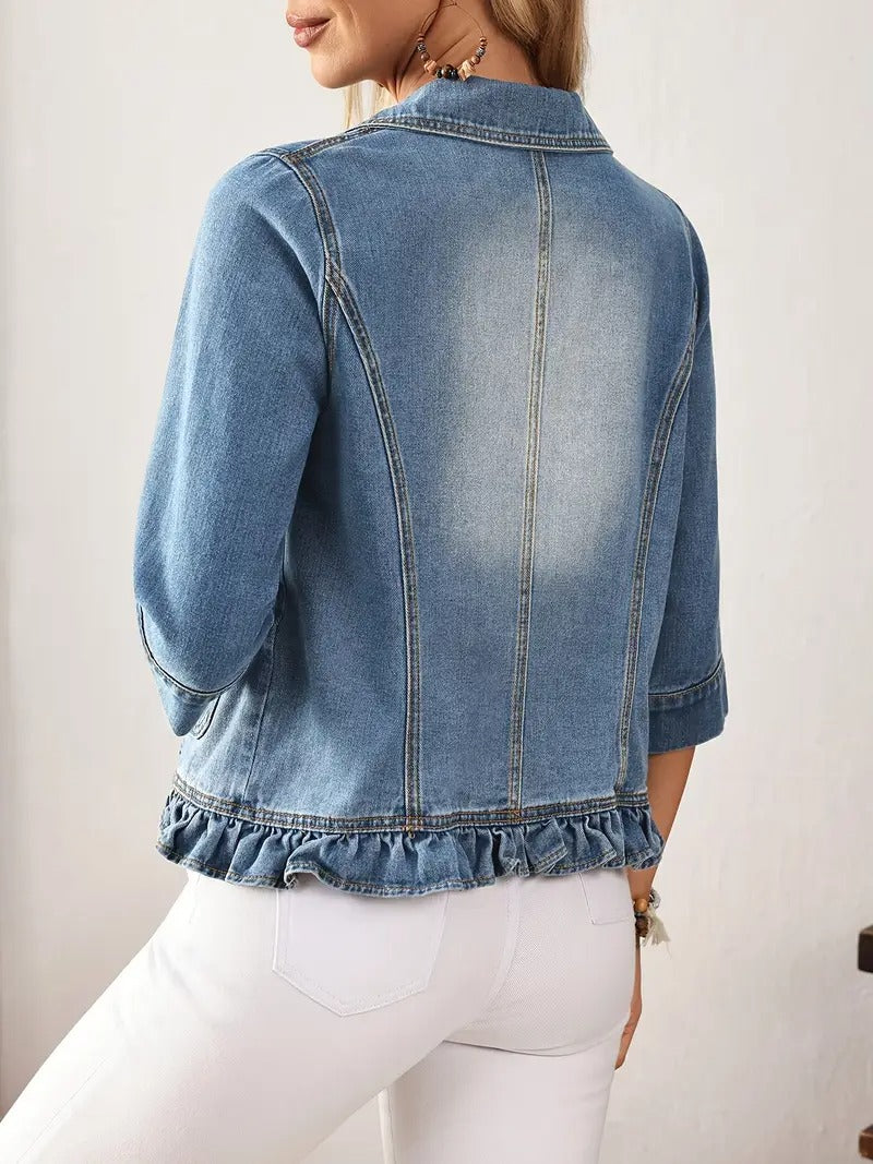 Women’s Ruffled Denim Blazer Jacket - Light-Wash Jean Outerwear