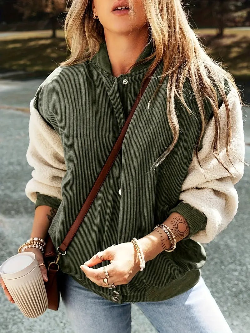 Women’s Corduroy Sherpa Bomber Jacket - Button-Up Fall Jacket