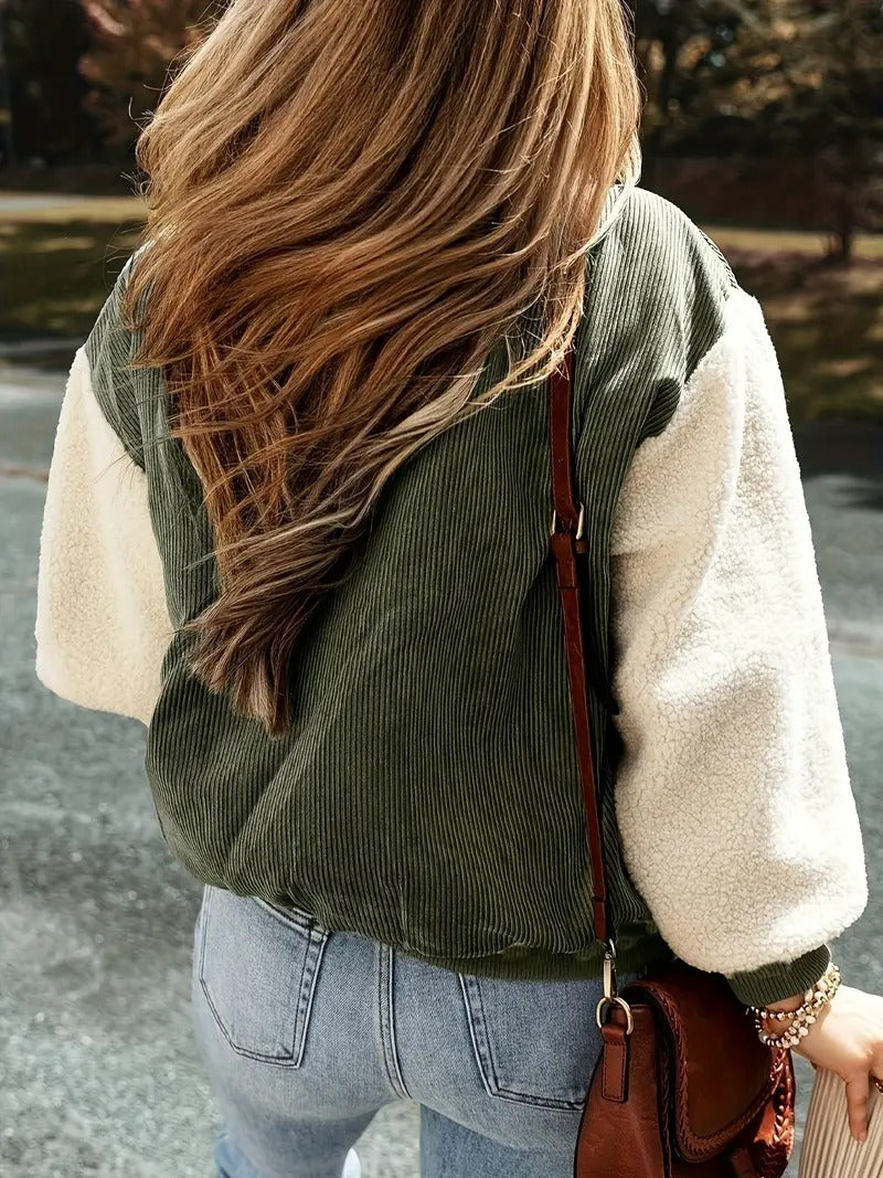 Women’s Corduroy Sherpa Bomber Jacket - Button-Up Fall Jacket