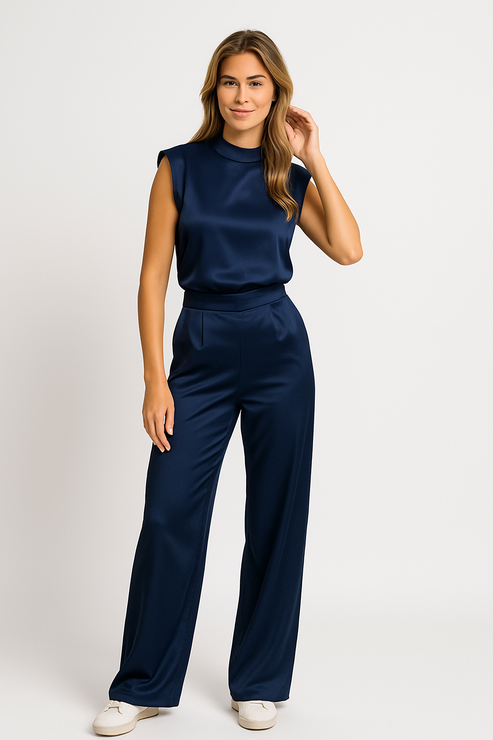 Women’s Elegant Sleeveless Jumpsuit - High Neck Wide-Leg