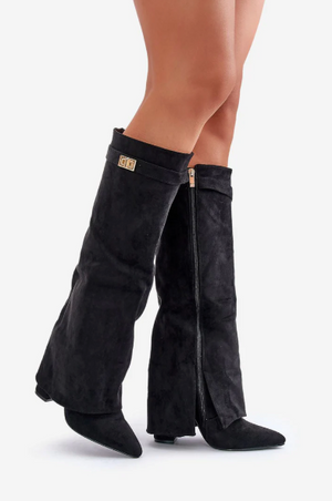 Women’s Knee-High Boots - Pointed Toe Statement Buckle