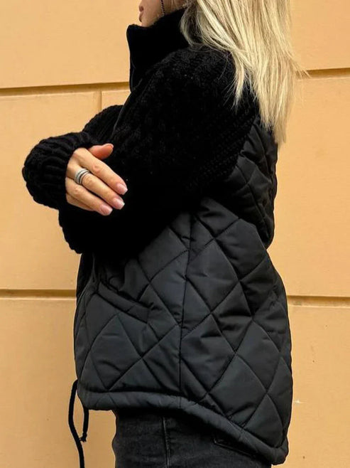 Women’s Quilted Jacket - Textured Sleeve Zip-Up Funnel Neck