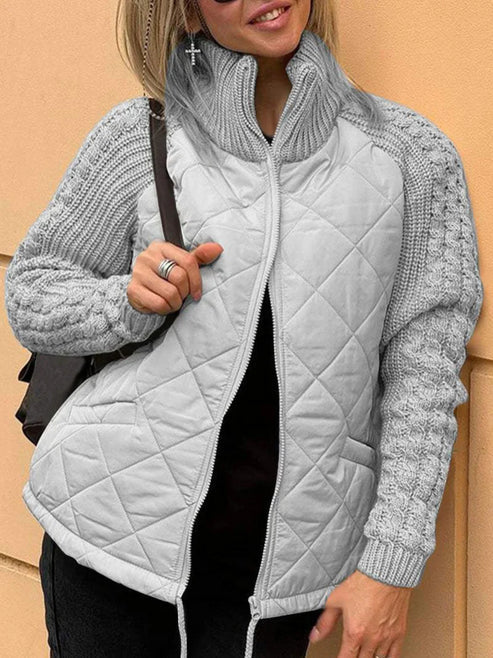 Women’s Quilted Jacket - Textured Sleeve Zip-Up Funnel Neck