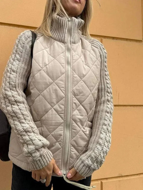 Women’s Quilted Jacket - Textured Sleeve Zip-Up Funnel Neck