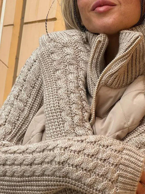 Women’s Quilted Jacket - Textured Sleeve Zip-Up Funnel Neck