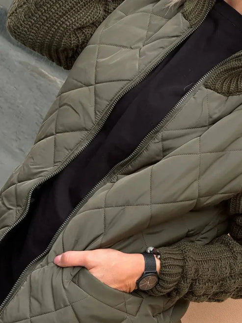 Women’s Quilted Jacket - Textured Sleeve Zip-Up Funnel Neck