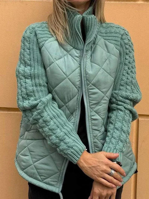 Women’s Quilted Jacket - Textured Sleeve Zip-Up Funnel Neck