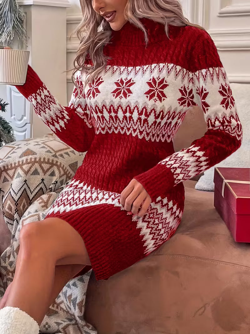 Women’s Turtleneck Knit Sweater Dress - Festive Snowflake Mini