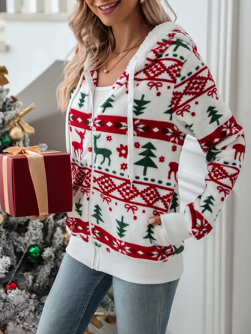 Women’s Christmas Zip-Up Hoodie - Festive Reindeer Tree Print Jacket