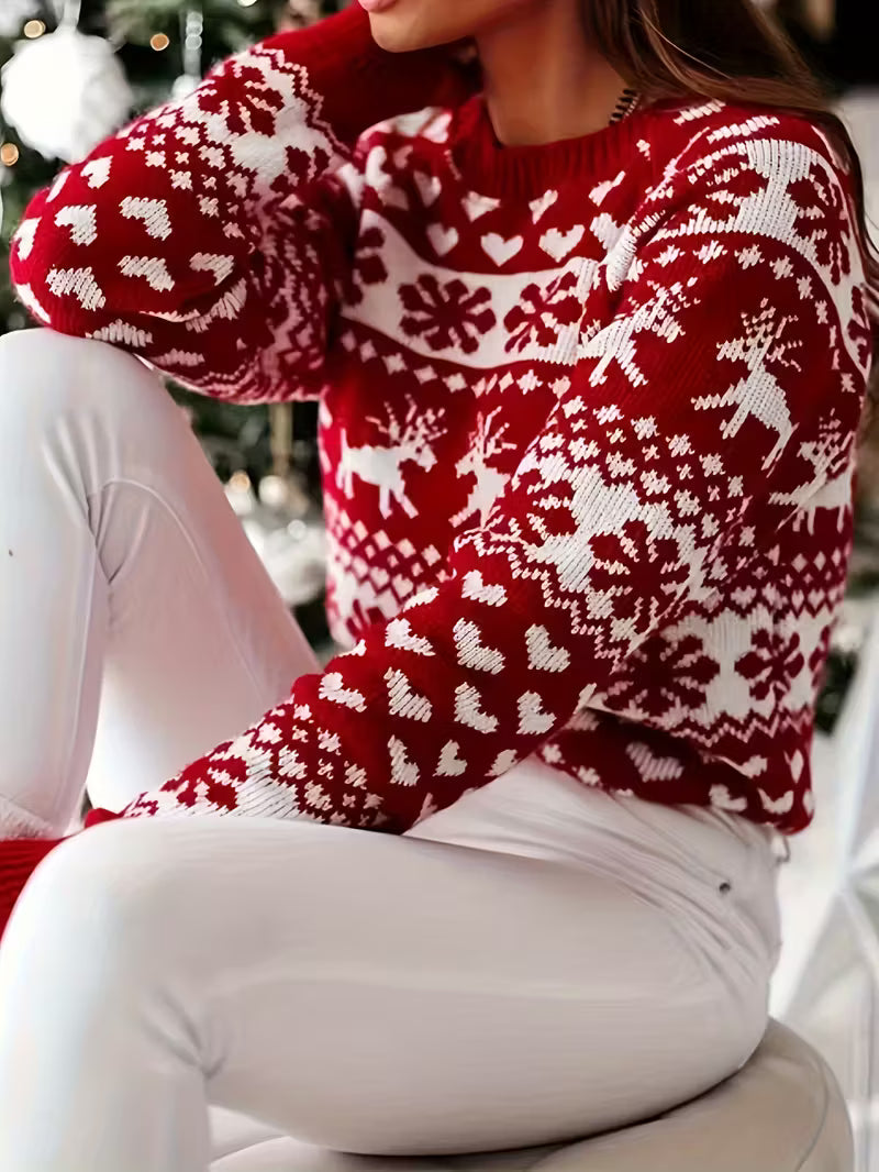 Women’s Festive Reindeer & Snowflake Sweater - Holiday Heart Knit Jumper