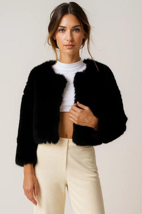 Women’s Cropped Faux Fur Jacket - Modern Open Front Coat