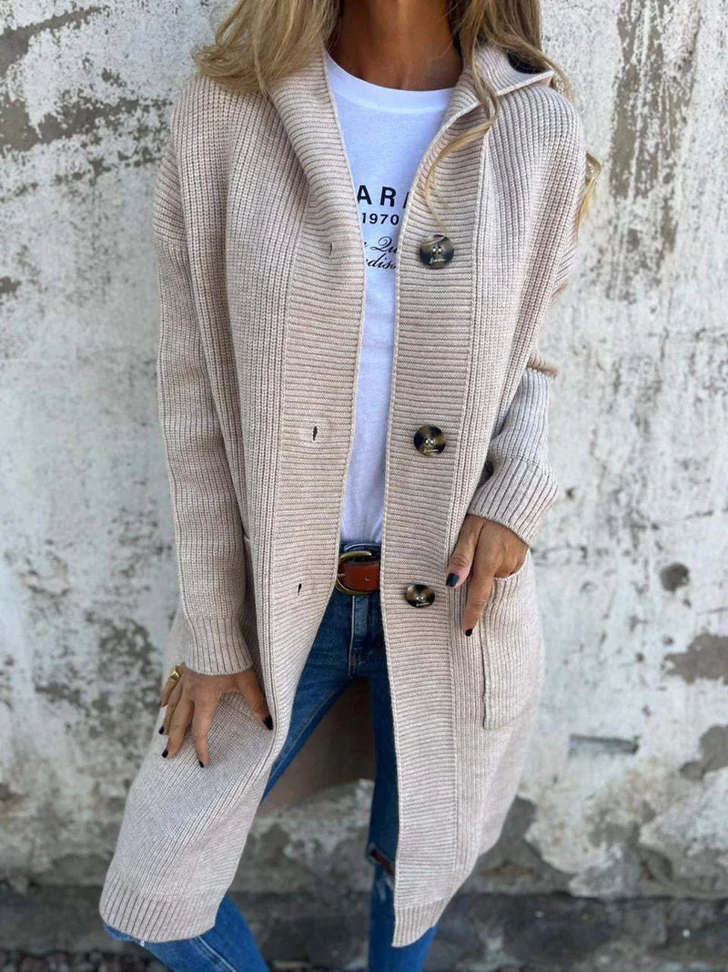 Women’s Longline Ribbed Knit Cardigan – Front Buttons & Pockets