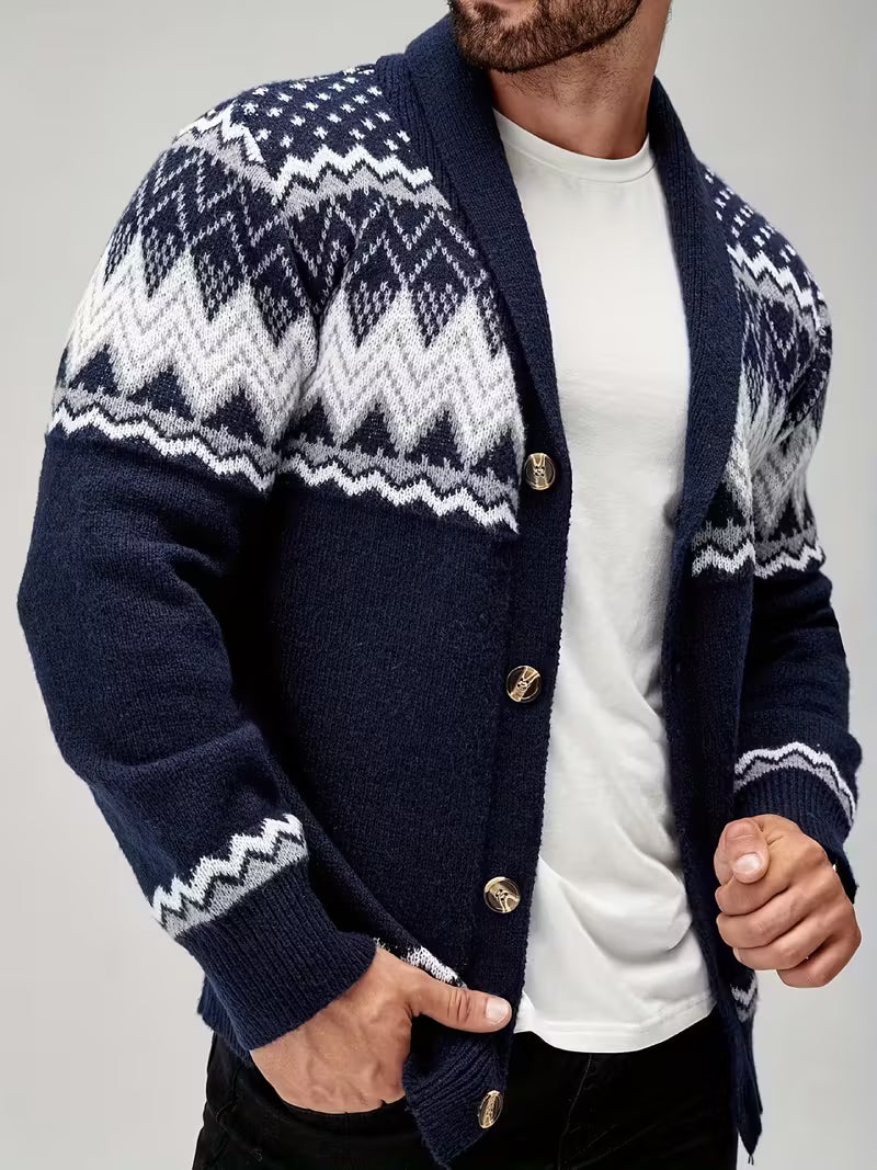 Men’s Nordic Knit Button Cardigan - Shawl Collar Winter Sweater