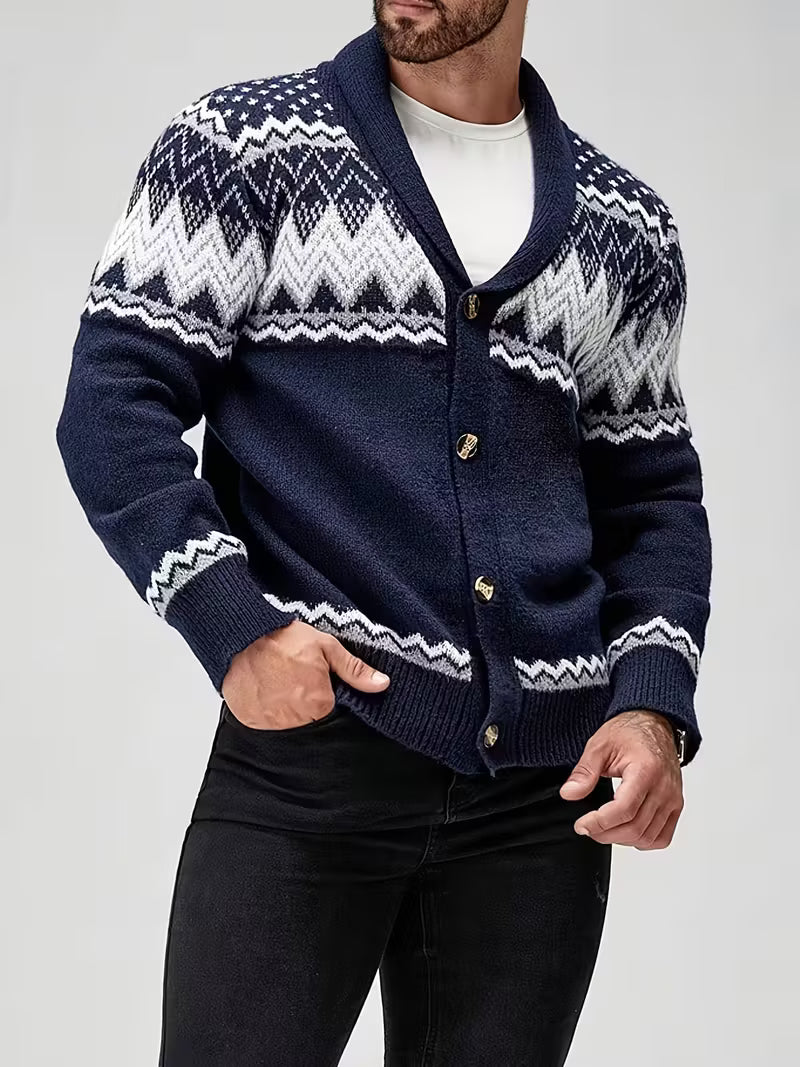 Men’s Nordic Knit Button Cardigan - Shawl Collar Winter Sweater