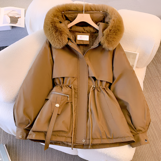 Women’s Elegant Hooded Winter Jacket - Drawstring Waist Faux Fur Trim