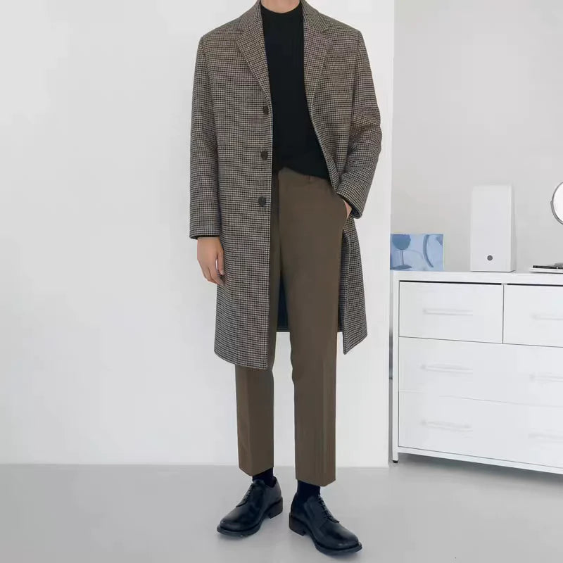 Men’s Houndstooth Overcoat - Classic Long Checked Coat