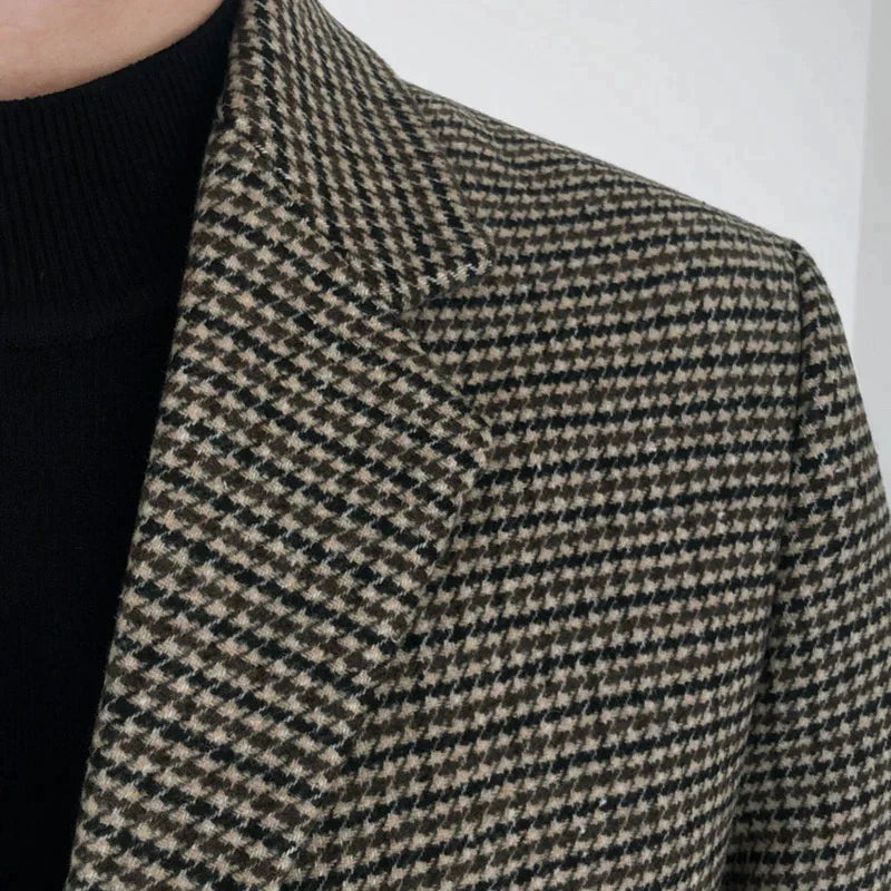 Men’s Houndstooth Overcoat - Classic Long Checked Coat