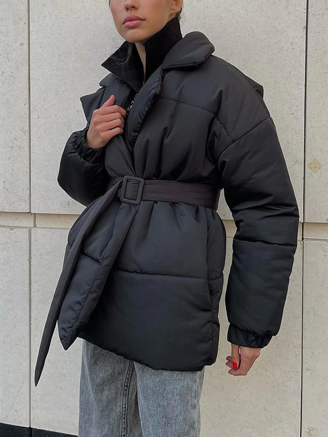 Women’s Belted Puffer Jacket - Wrap Front Quilted Winter Coat