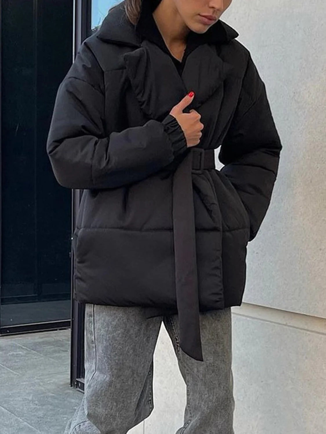 Women’s Belted Puffer Jacket - Wrap Front Quilted Winter Coat