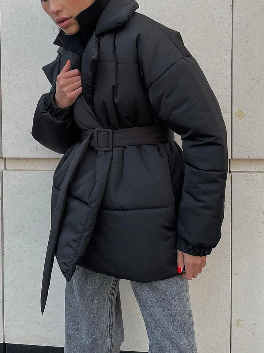 Women’s Belted Puffer Jacket - Wrap Front Quilted Winter Coat