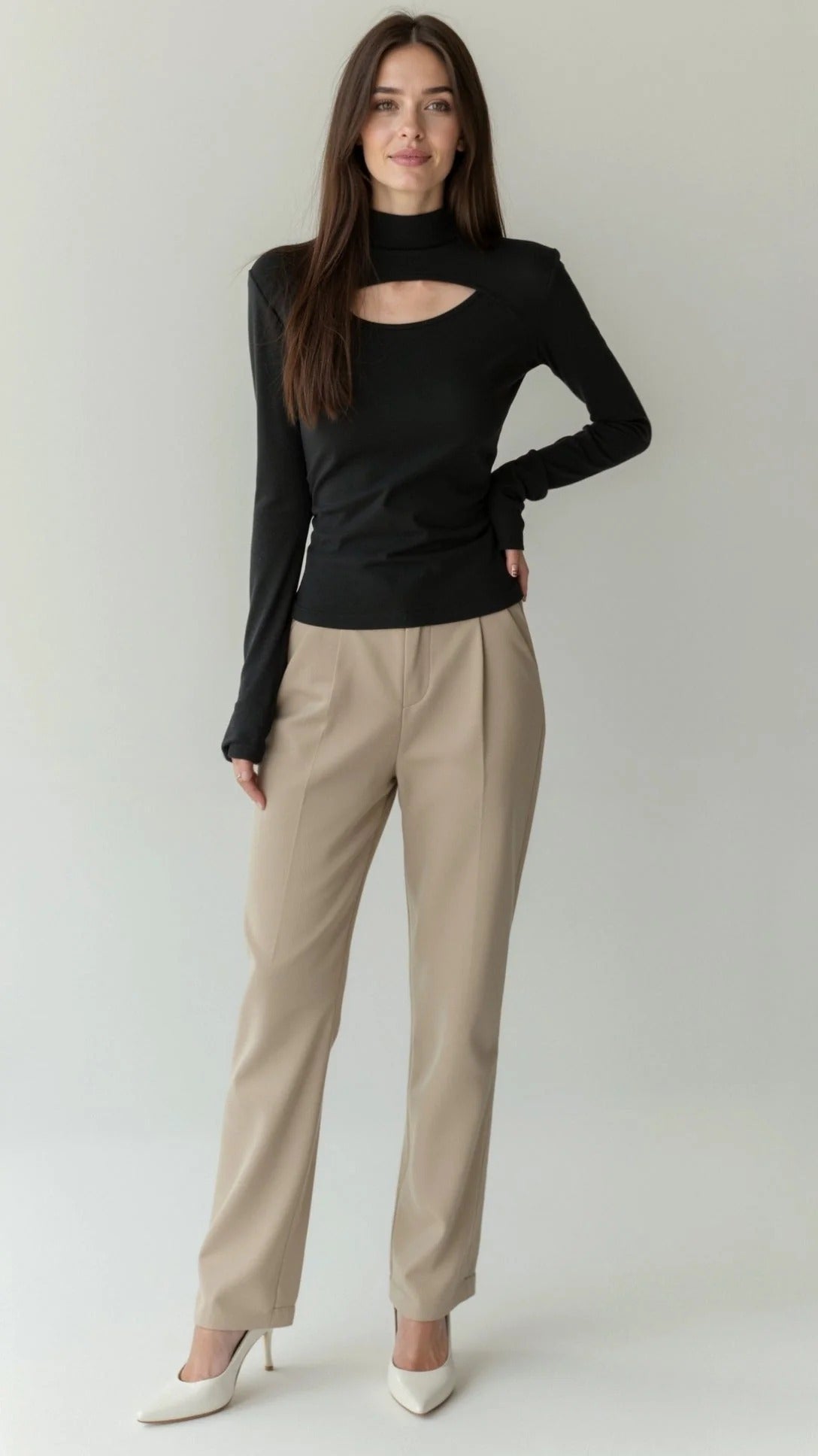 Women’s Cutout Long Sleeve Top - Mock Neck Fitted Blouse