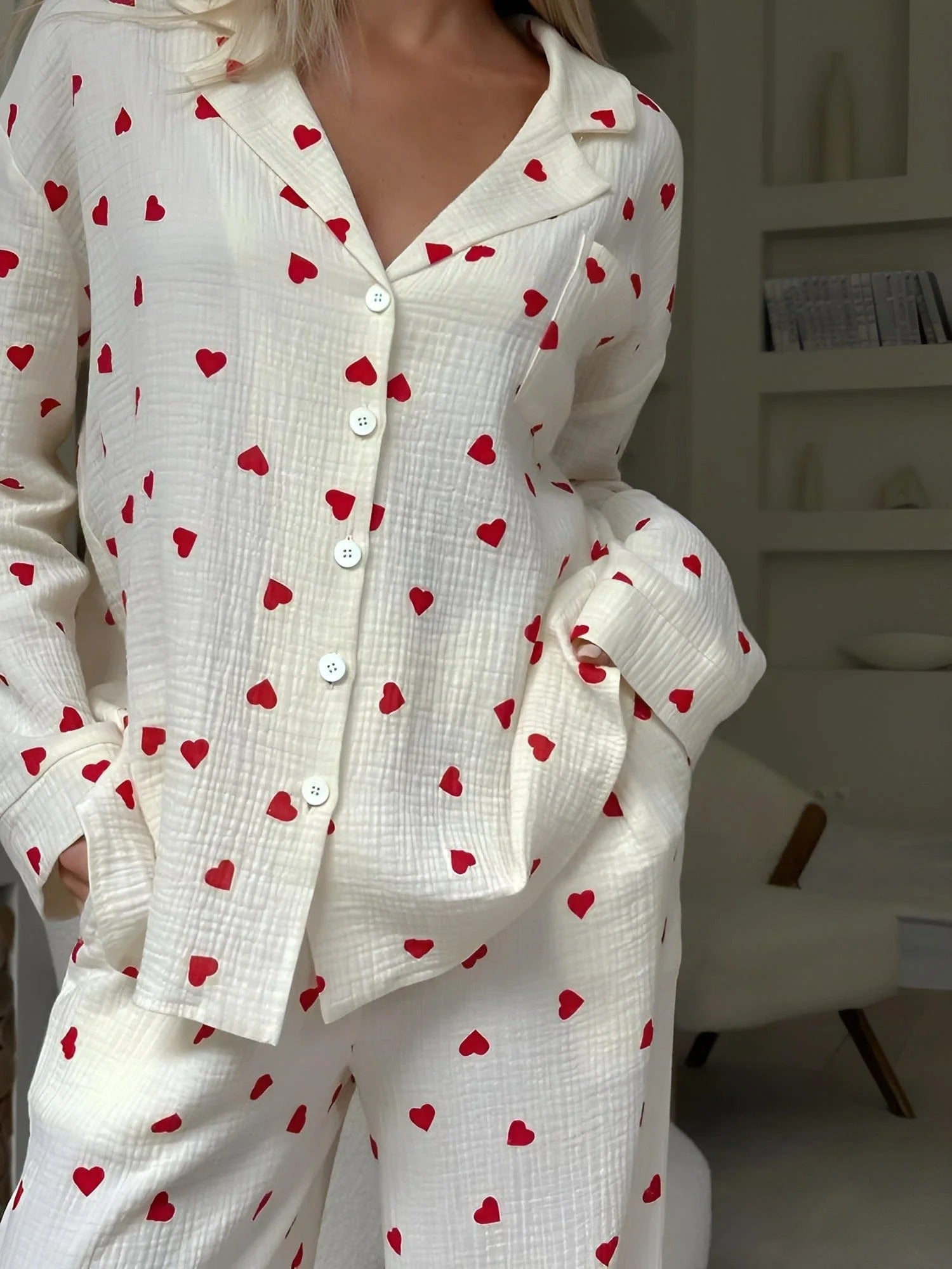 Women’s Heart Print Pajama Set – Button-Up Relaxed Sleepwear