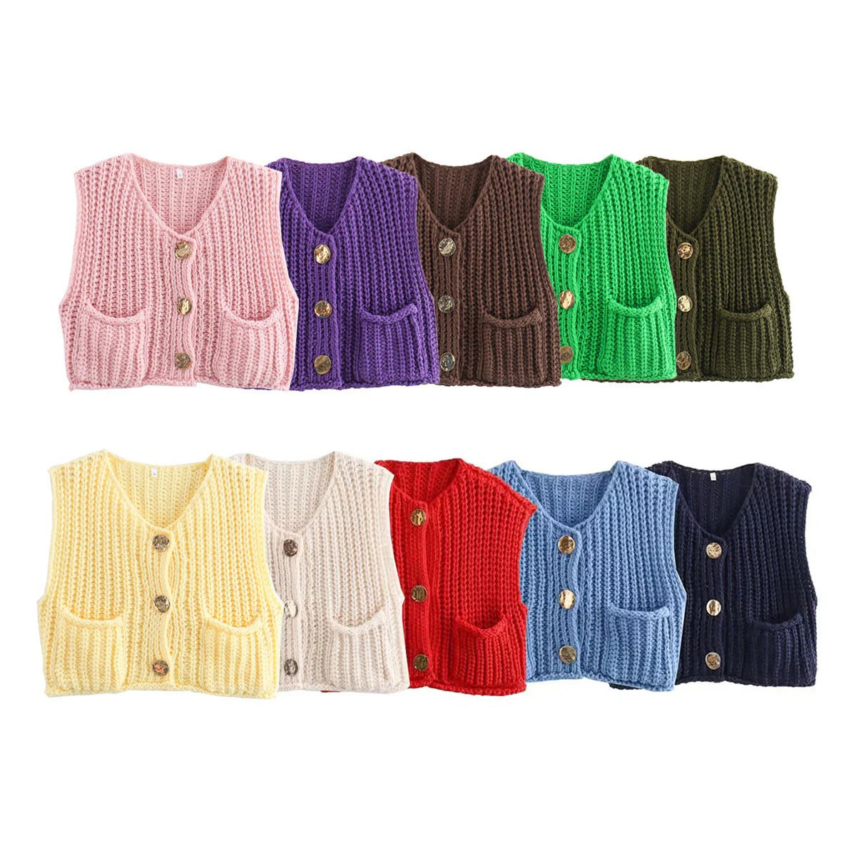 Women’s Knitted Button-Front Vest with Pockets - Casual Sleeveless Sweater Top