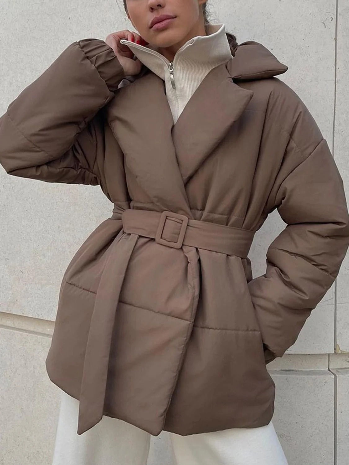 Women’s Belted Puffer Jacket - Wrap Front Quilted Winter Coat