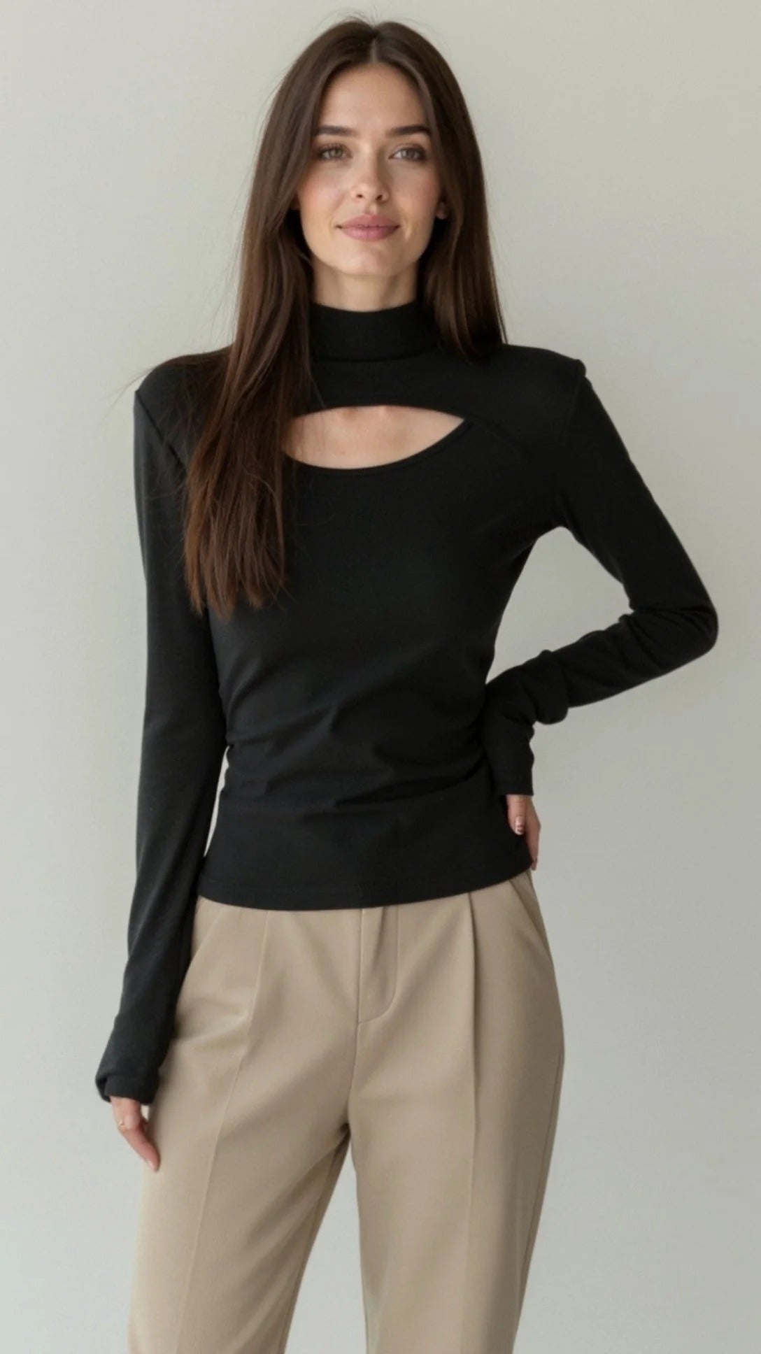 Women’s Cutout Long Sleeve Top - Mock Neck Fitted Blouse