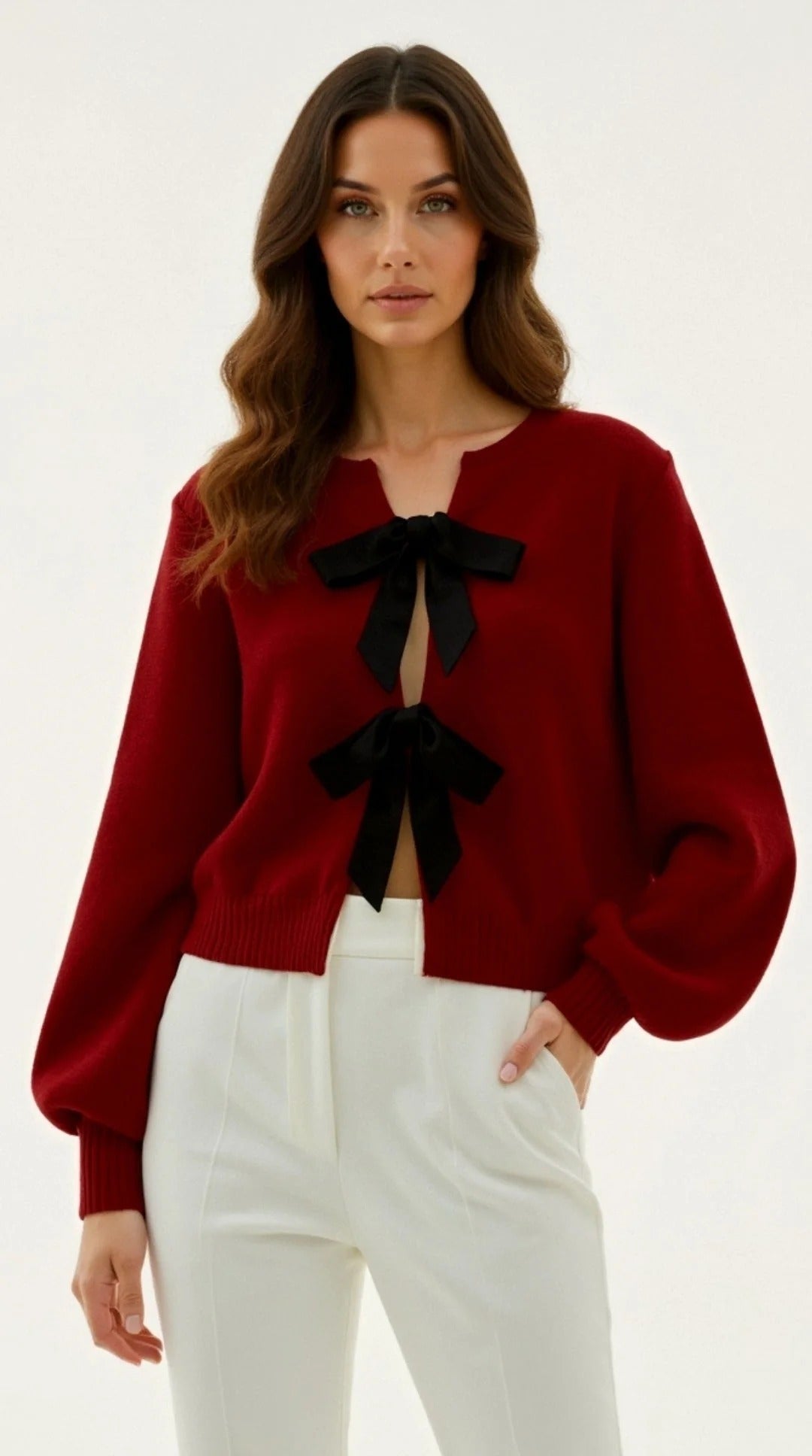 Women’s Bow-Tie Knit Cardigan - Soft Knit Front Ribbon Detail